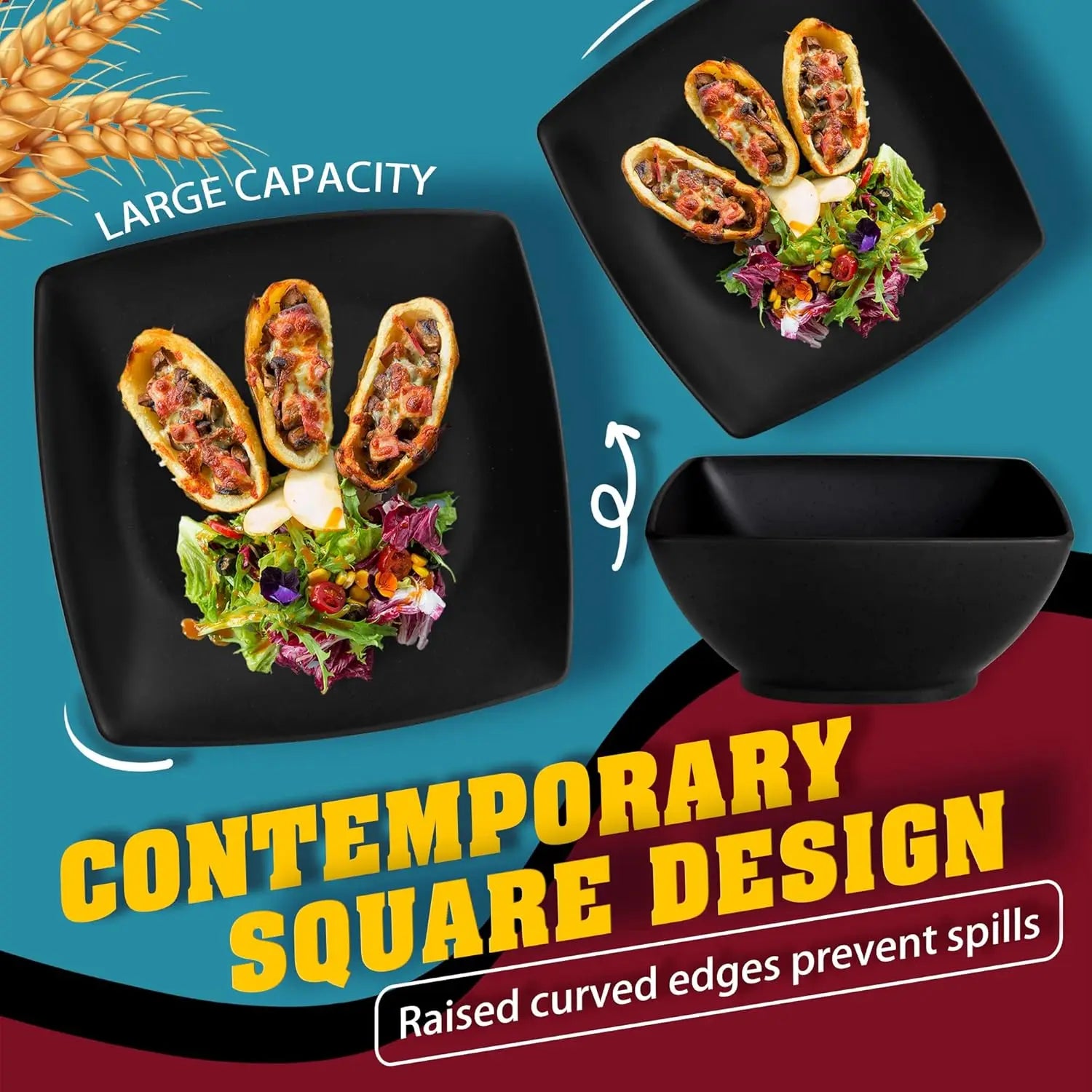 24-piece Plastic Wheat Straw Square Dinnerware Set for 6, Unbreakable Dinner Plates, Salad Plates
