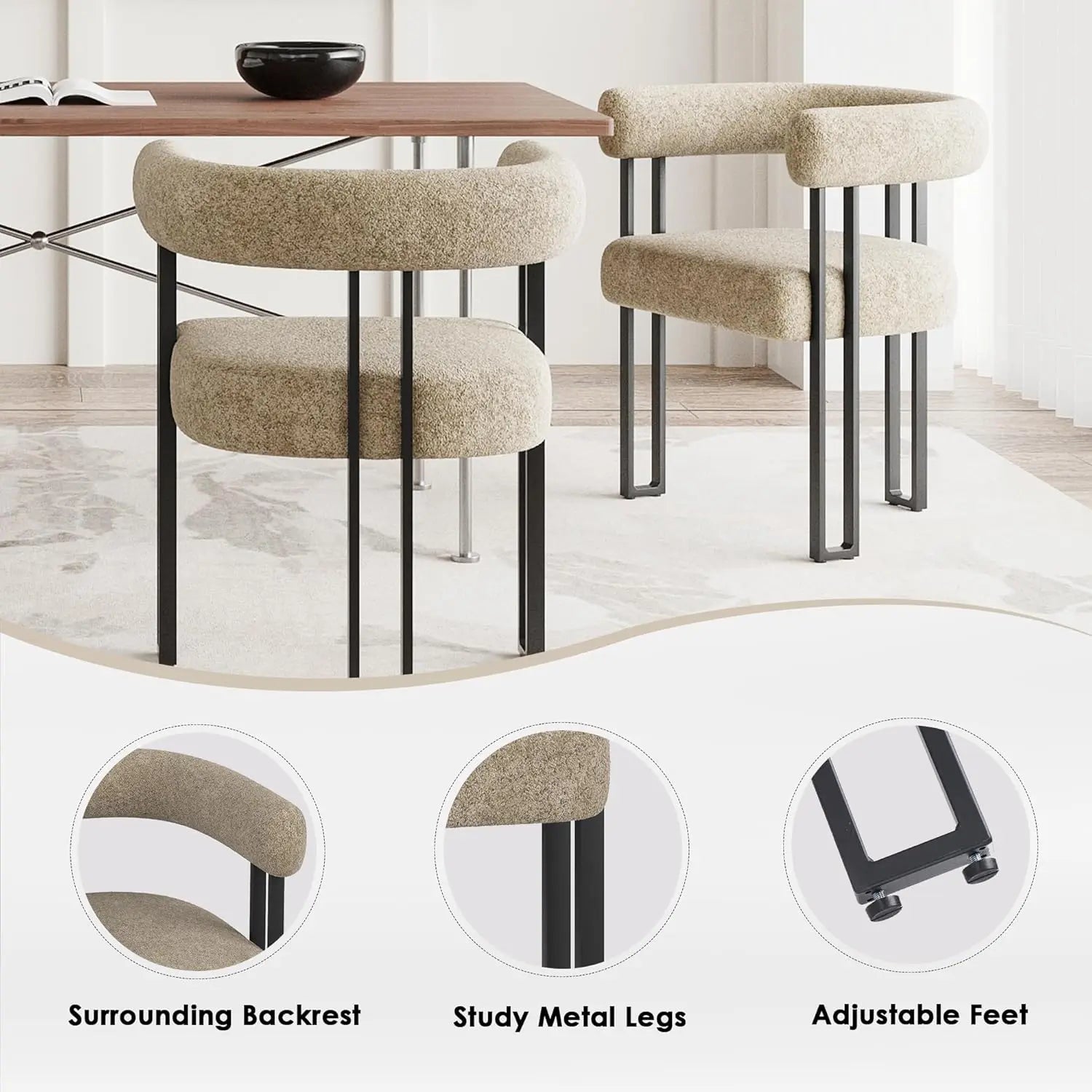 Set of 2 Upholstered Dining Arm Chairs, Bouclé Fabric Accent Chairs, Modern Armchairs with Cushioned Seat &amp; Back