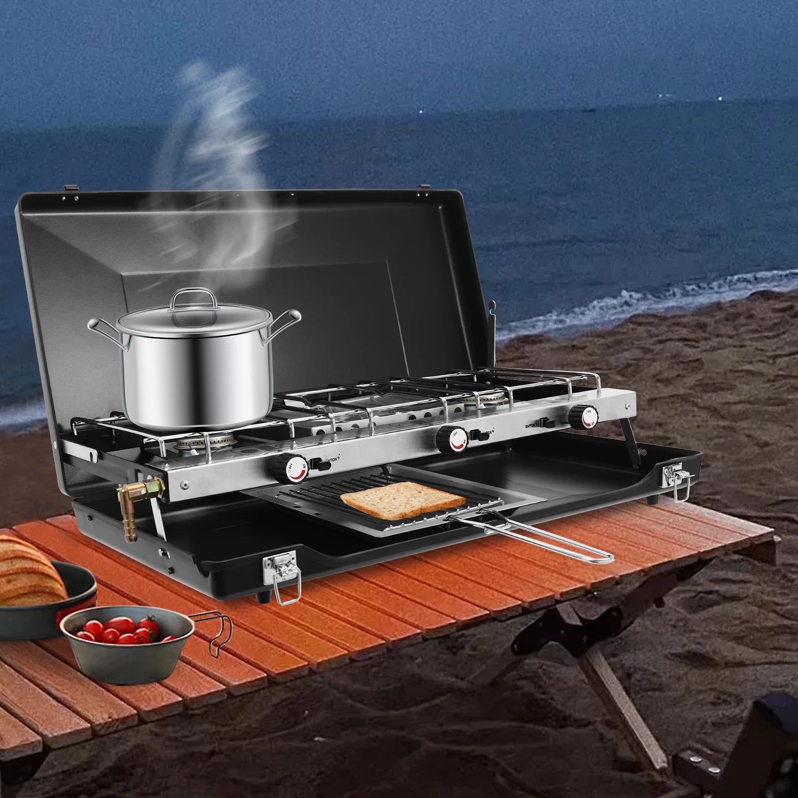 [Outdoor Campfire Grill] 3-Burner Durable Cold-Rolled Steel Grill - Windproof Lid for Camping &amp; Outdoor Cooking