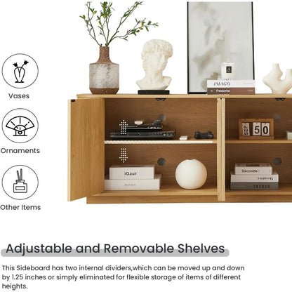64" Sideboard Buffet Cabinet with Adjustable Shelves, Wooden Fluted Storage Credenza for Kitchen Living Room (Natural Oak)