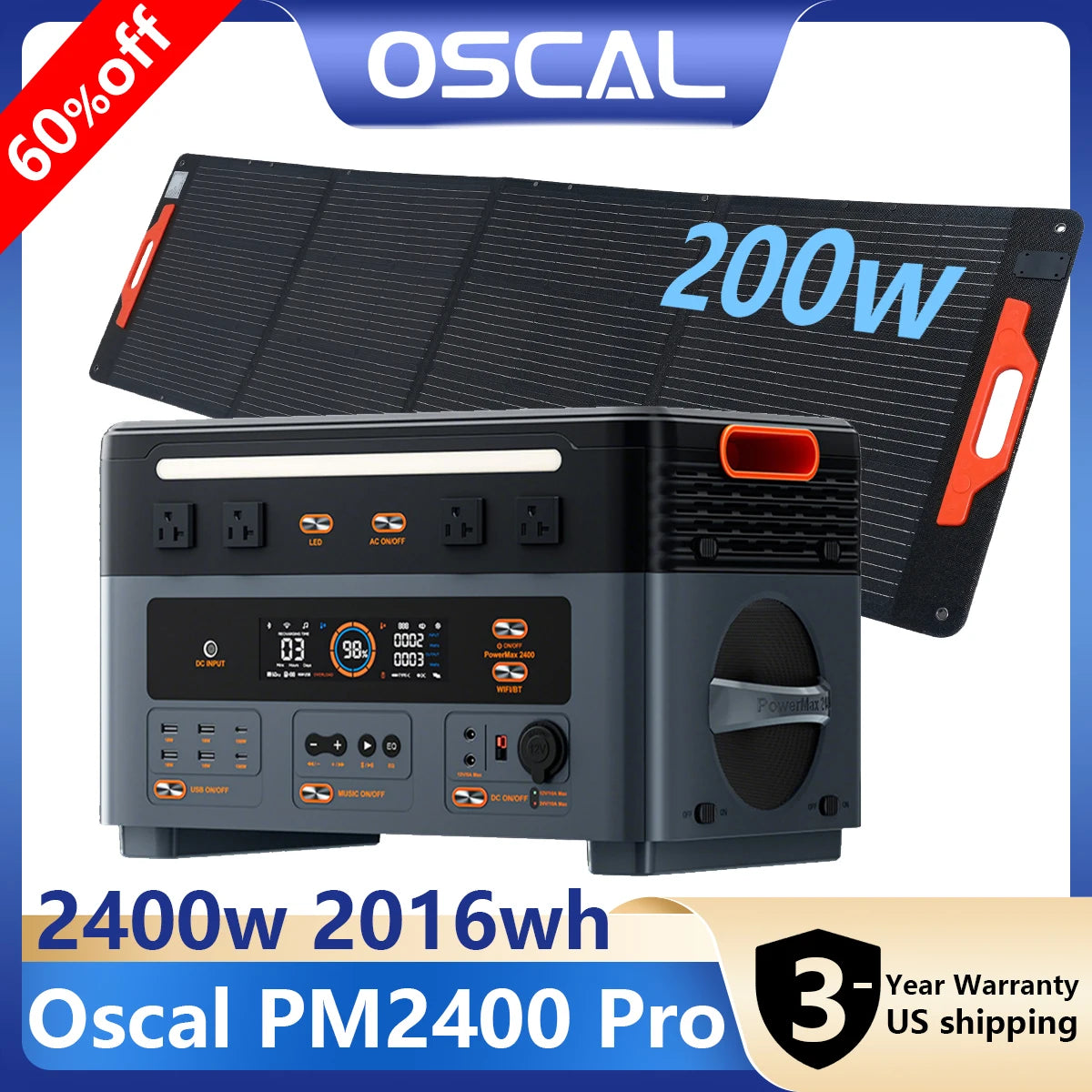 OSCAL LiFePO4 Portable Power Station 2400W UPS Backup Supply