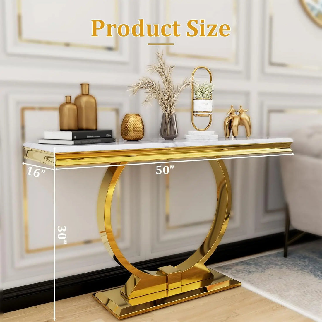 Gold Console Table, 50 Inch Glam White and Gold Entryway Table with U-Shaped Base, Polished Gold Entrance Table, Customized