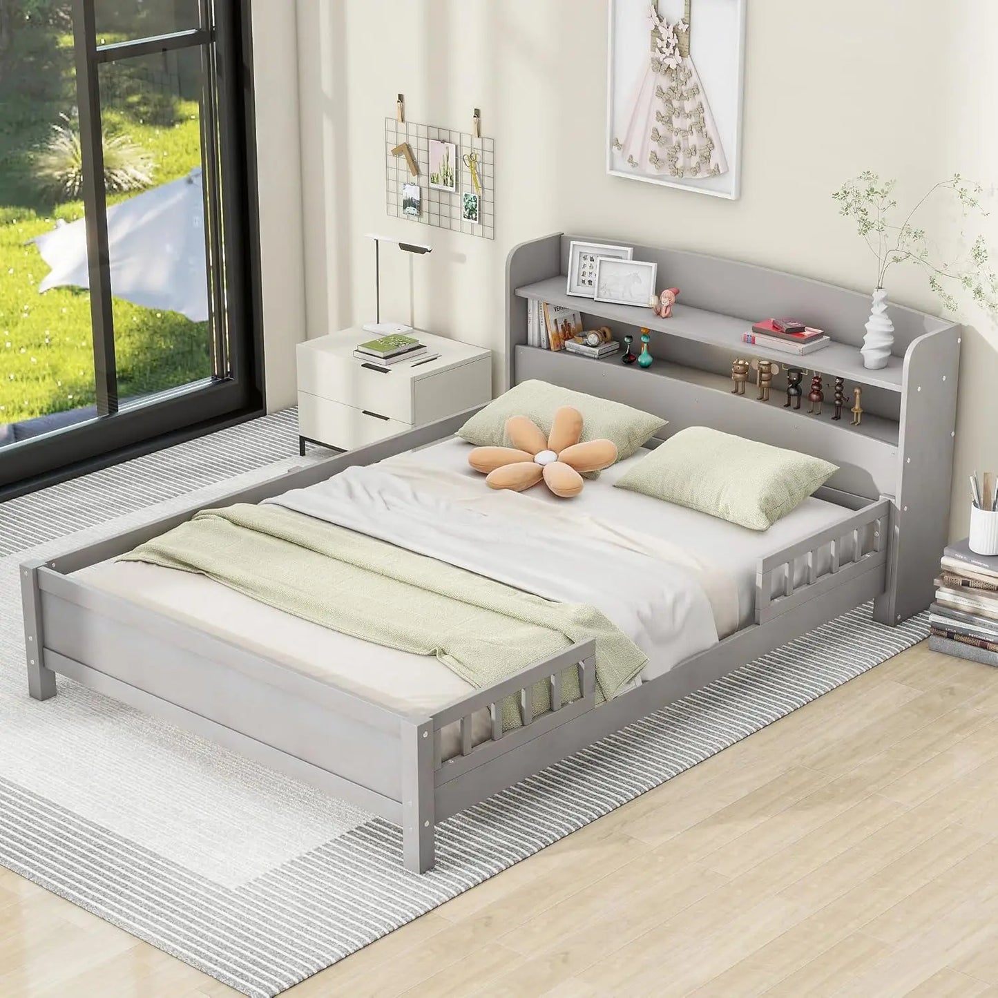 Platform Bed With House Headboard Guardrail and Four Storage Drawers