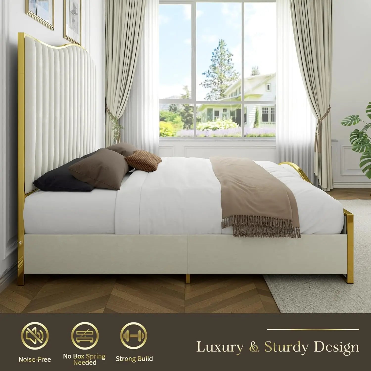 Queen Upholstered Platform Bed Tall 61.4" Headboard Gold Trim Wood Slats No Box Spring Cream, Customized