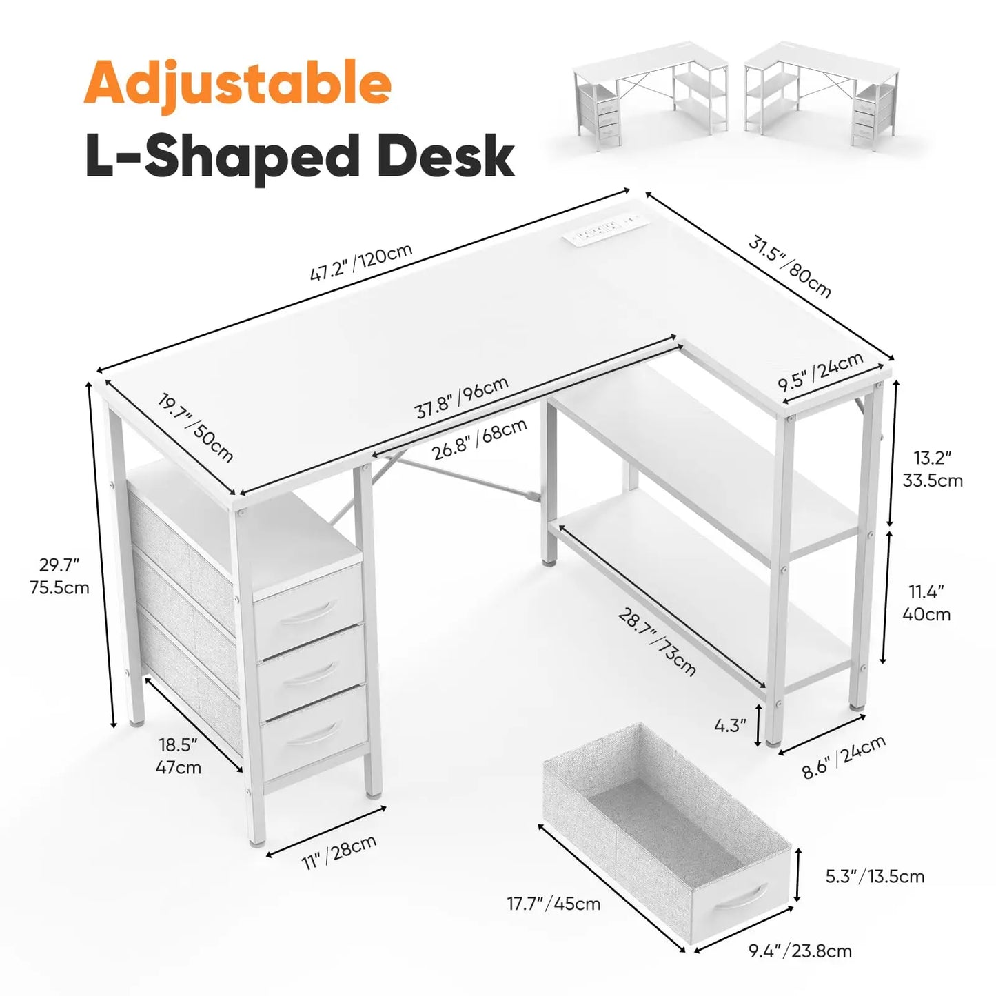JHK L Shaped Desk With Shelf Drawers And Power Outlet
