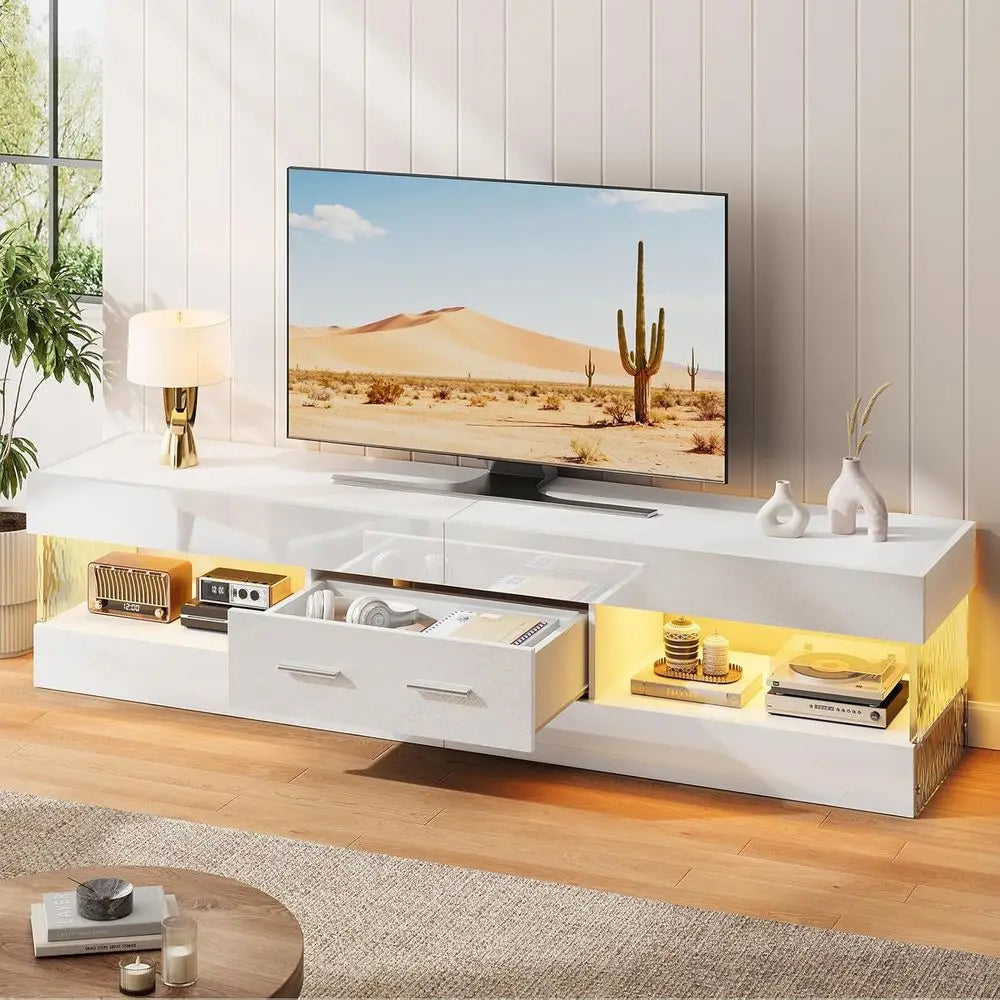 Modern High Gloss LED TV Stand With Stone Edge Storage