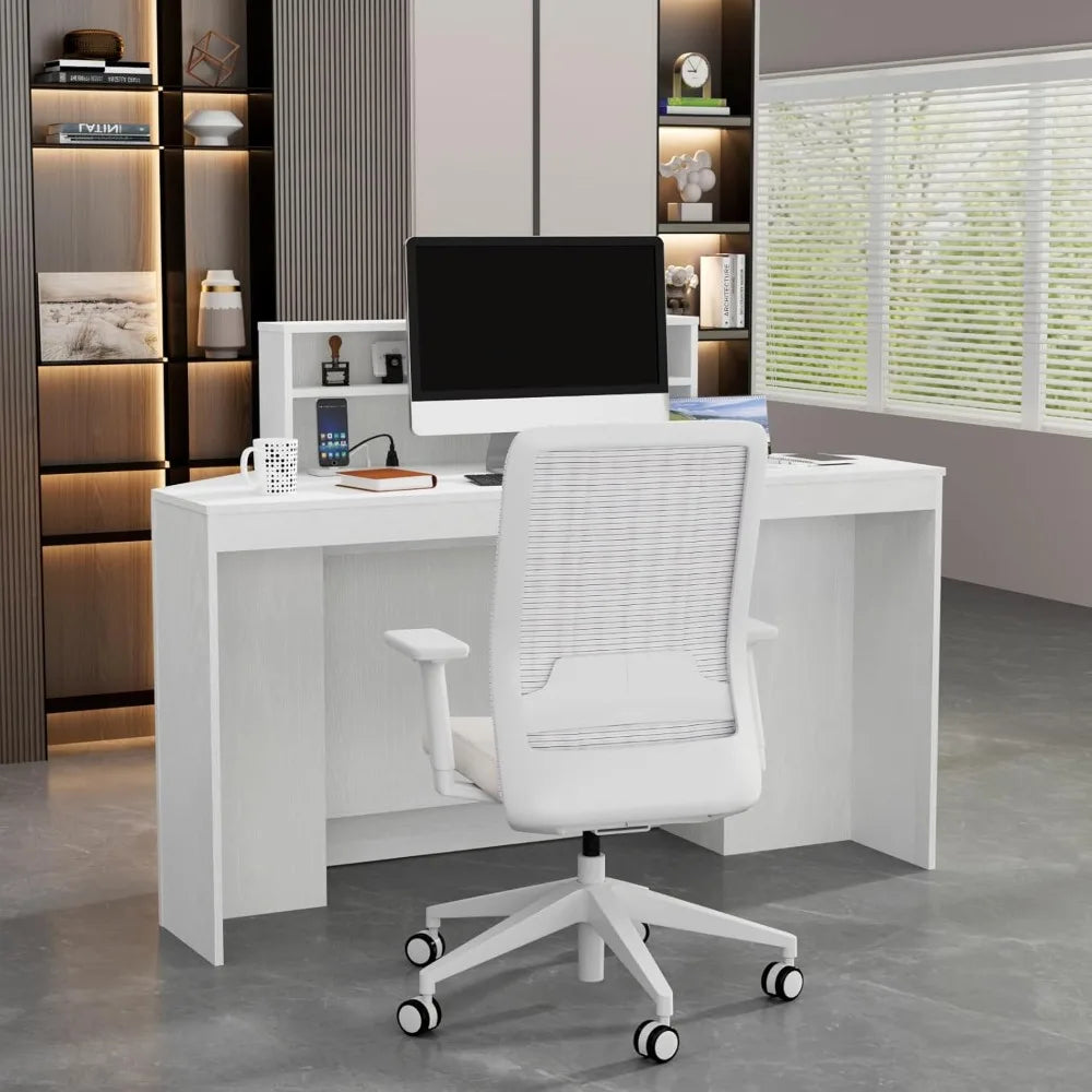 Contemporary 39.3 H Reception Desk with LED Lighting, Office Counter Featuring Display Cabinet, Secretary Desk with Integrated P
