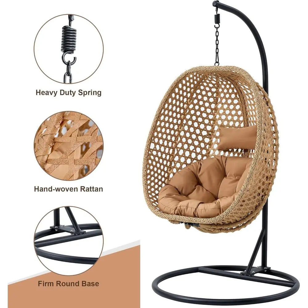 Wicker Hanging Egg Chair With UV Resistant Cushion Metal Stand