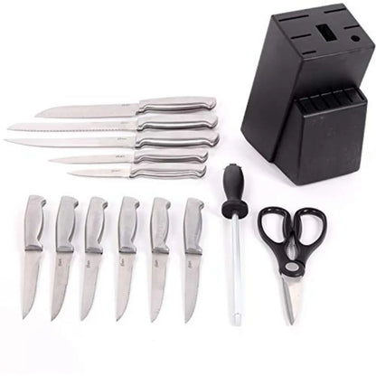 14 Piece Brushed Satin Stainless Steel Kitchen Knife Set with Swivel Block Holder and Knife Sharpener for Home Cooking
