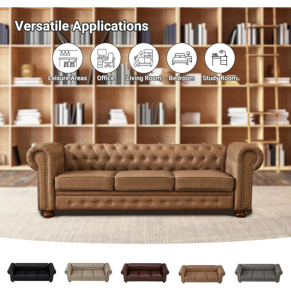 Chesterfield Leather Sofa, 89" Mid Century Modern Couch with Low Back, Roll Arm Nailhead Trim Classic 3 Seater Couch for Living