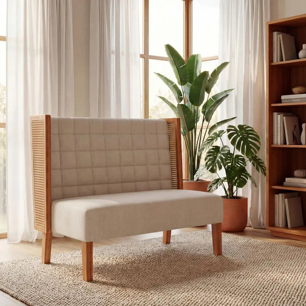 Loveseat Settee Bench with Rattan Arms, Upholstered Modern Mini HighBack Sofa Couch,Banquette Dining Bench for Living Dining Ro