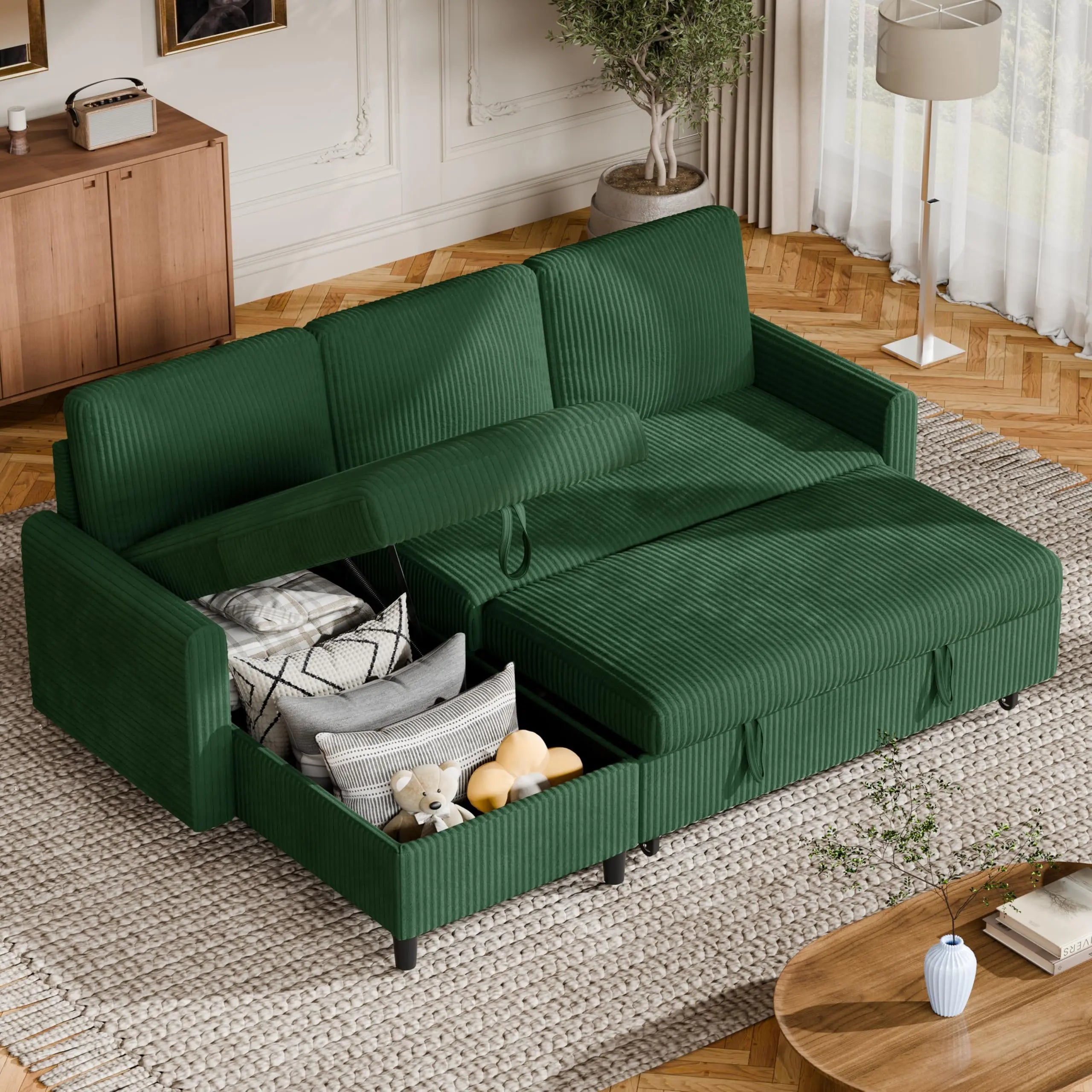 Vongrasig L Shaped Convertible Sofa Bed Pull Out Couch Storage Chaise Corduroy Dark Grey