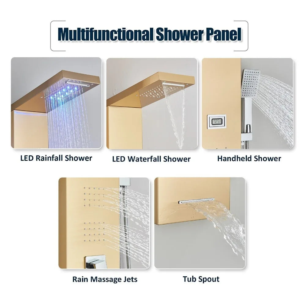Gold Stainless Steel Shower Panel Tower System Massage Body Jets With Tub Spout