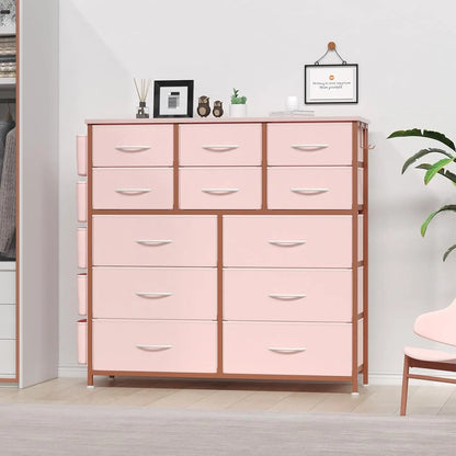 12 Dresser for Bedroom, Chest of Drawers with Side Pockets and Hooks Fabric Storage Dresser, Sturdy Steel Frame,Easy Pull Handle