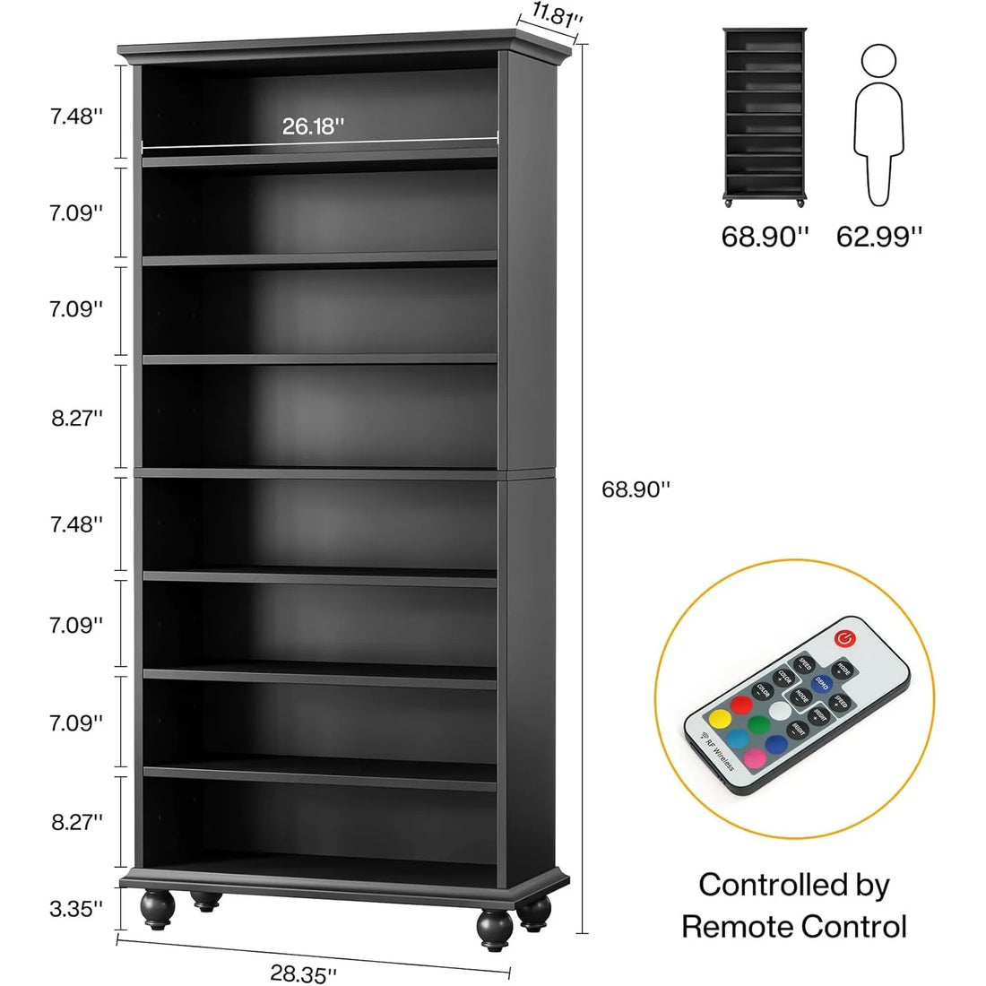 Bookcase with LED Lighting,Freestanding Bookshelf with Solid Wood Legs,Open Display Shelf Organizer for Living Room, Home Office