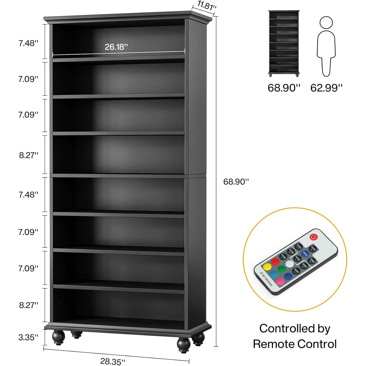 Bookcase with LED Lighting,Freestanding Bookshelf with Solid Wood Legs,Open Display Shelf Organizer for Living Room, Home Office
