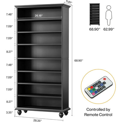 Bookcase with LED Lighting,Freestanding Bookshelf with Solid Wood Legs,Open Display Shelf Organizer for Living Room, Home Office