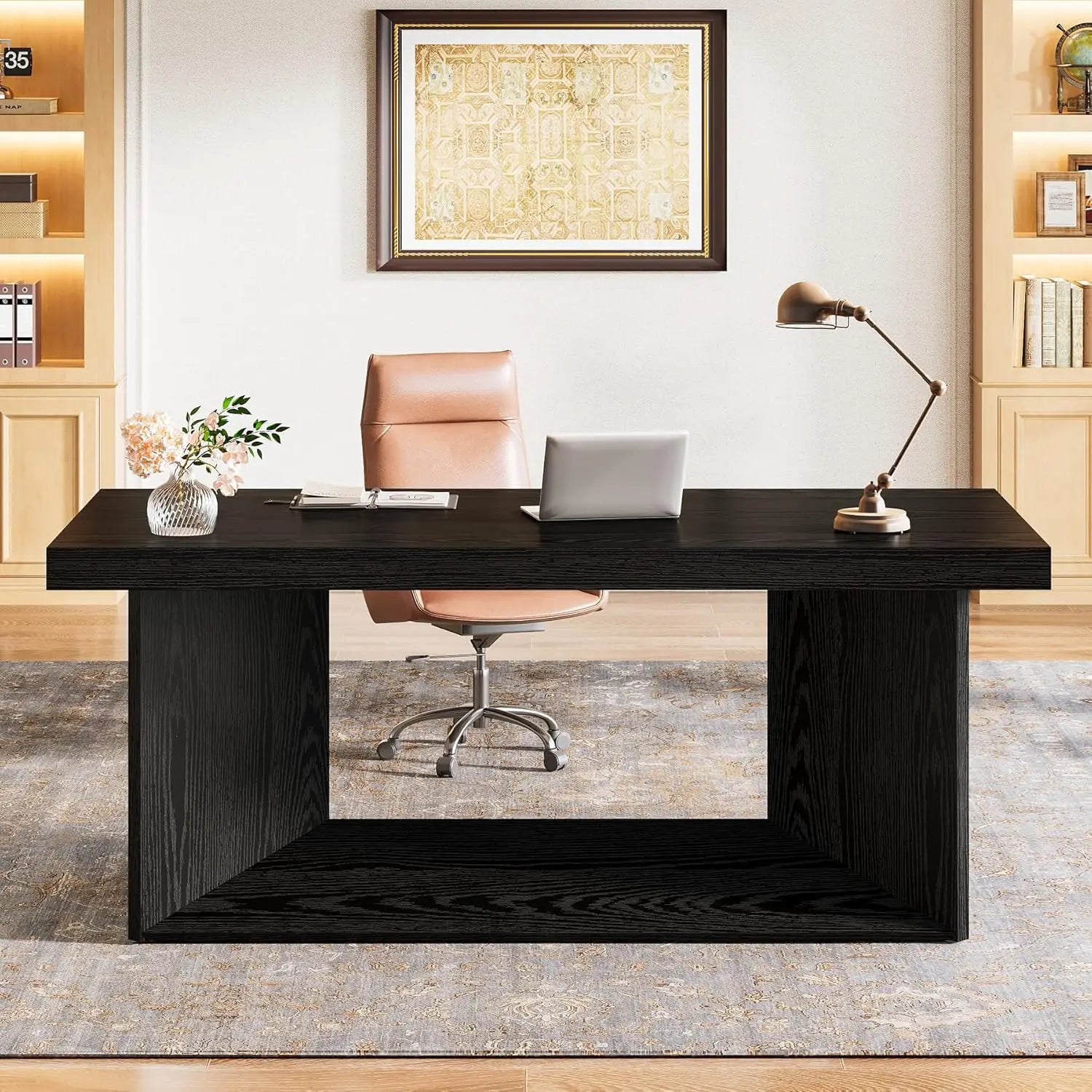 Executive Desk, Large Office Computer Desk with Heavy Duty Pedestal, Farmhouse Simple Workstations Writing  , Customized