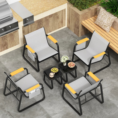6-Piece Textilene Patio Conversation Set, Outdoor Chairs with Wide Armrests &amp; Side Storage Pockets, 2 Glass Top Side Tables, Weather Resistant Metal Frame for Backyard Poolside Garden Deck