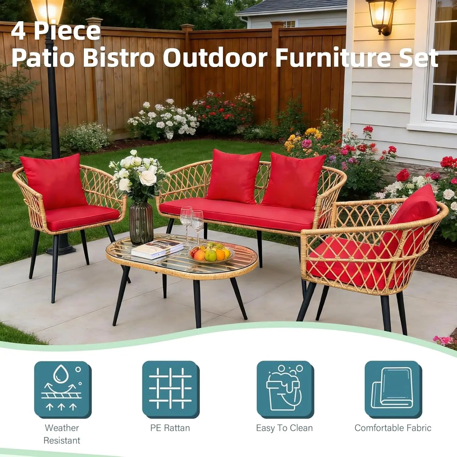4 Piece Patio Furniture Set,Outdoor Conversation Set with Wicker Sofa, 2 Rattan Chairs and Glass Table, Patio, Customized