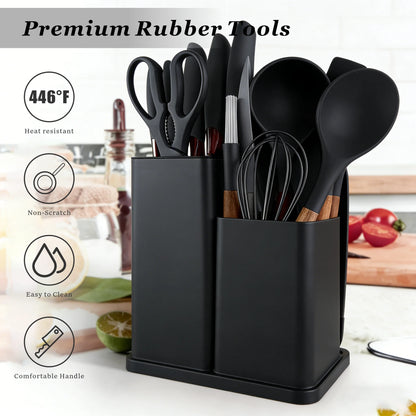 19PCS Silicone Kitchen Utensils Set with Wooden Handle Heat Resistant Nonstick Cooking Tools with Knife Set &amp; Utensil Holder