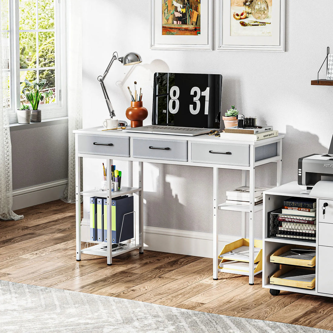 Computer Desk With Three Fabric Drawers And Adjustable Storage Shelves