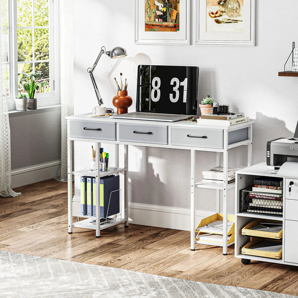 Computer Desk With Three Fabric Drawers And Adjustable Storage Shelves