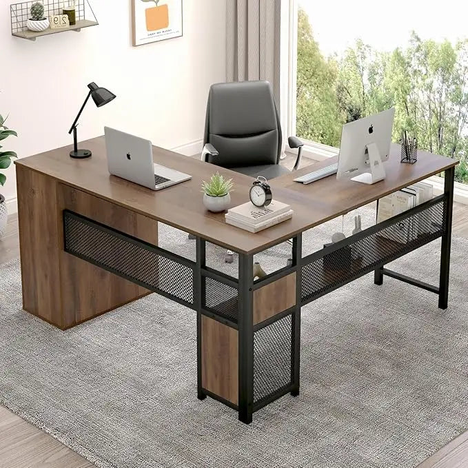 L Shaped Computer Desk With Storage Cabinet And Metal Frame