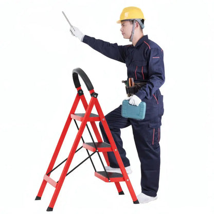 3 Step Folding Step Ladder, Heavy Duty 330lbs Load, Collapsible Stool for Home RV Outdoor Work White Red