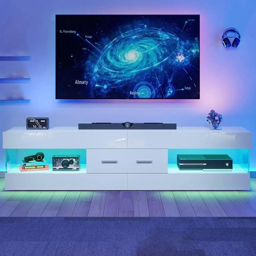 Modern High Gloss LED TV Stand With Stone Edge Storage