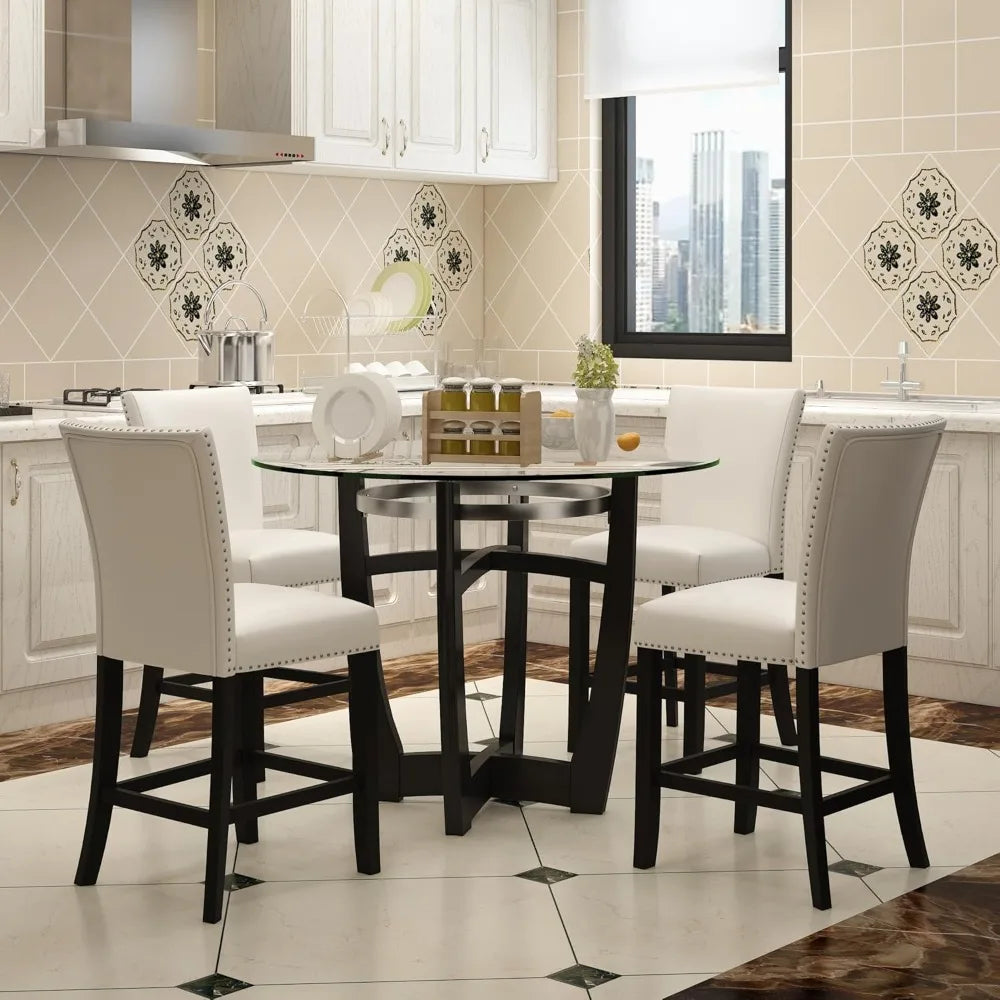 Glass Counter Height Bar Table Stools Set of 4, 42" Round Tempered Glasstop Counter Height Table Stools Set 26" H Barstools Cha