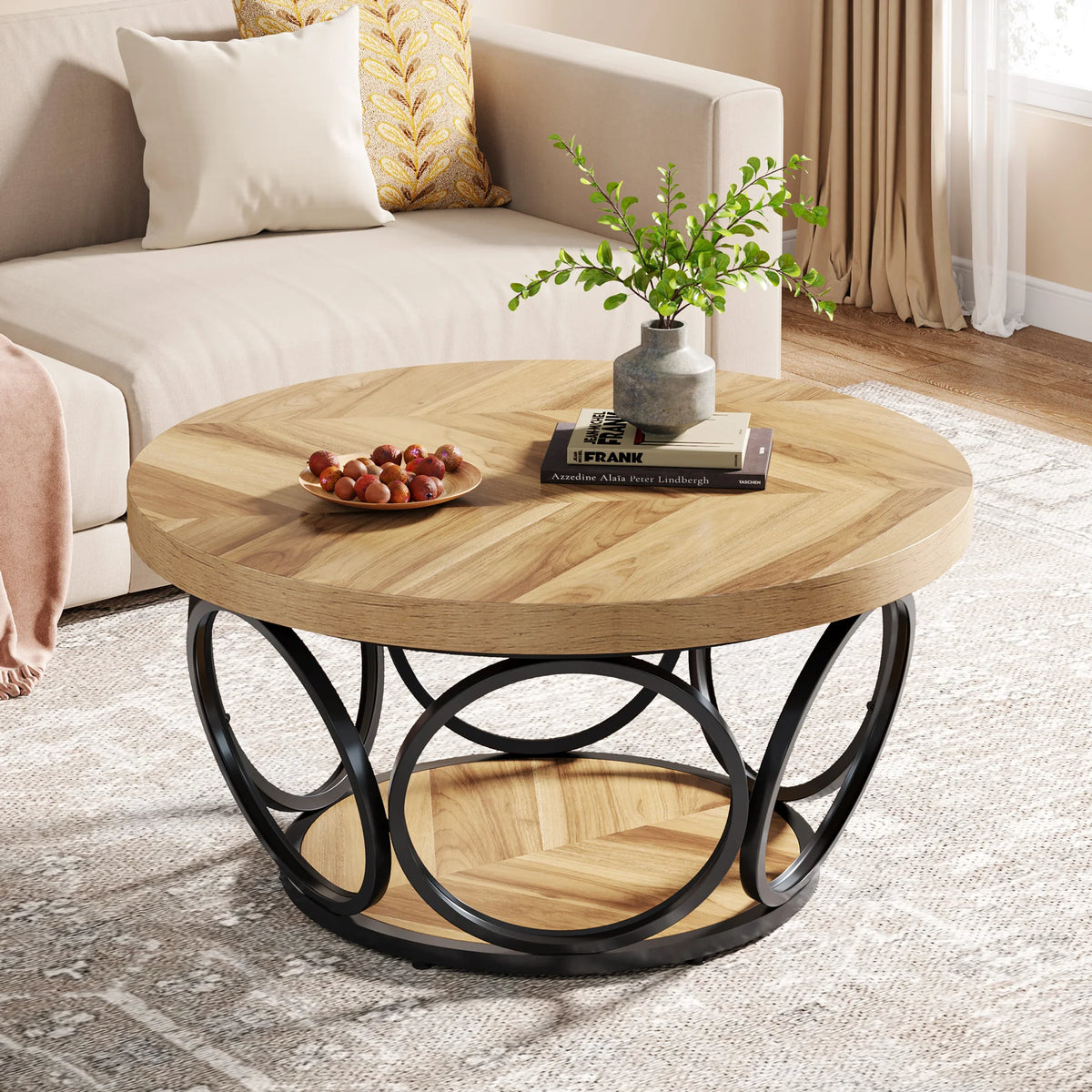 Tribesigns Industrial Round Coffee Table With Two Tier Storage Shelves
