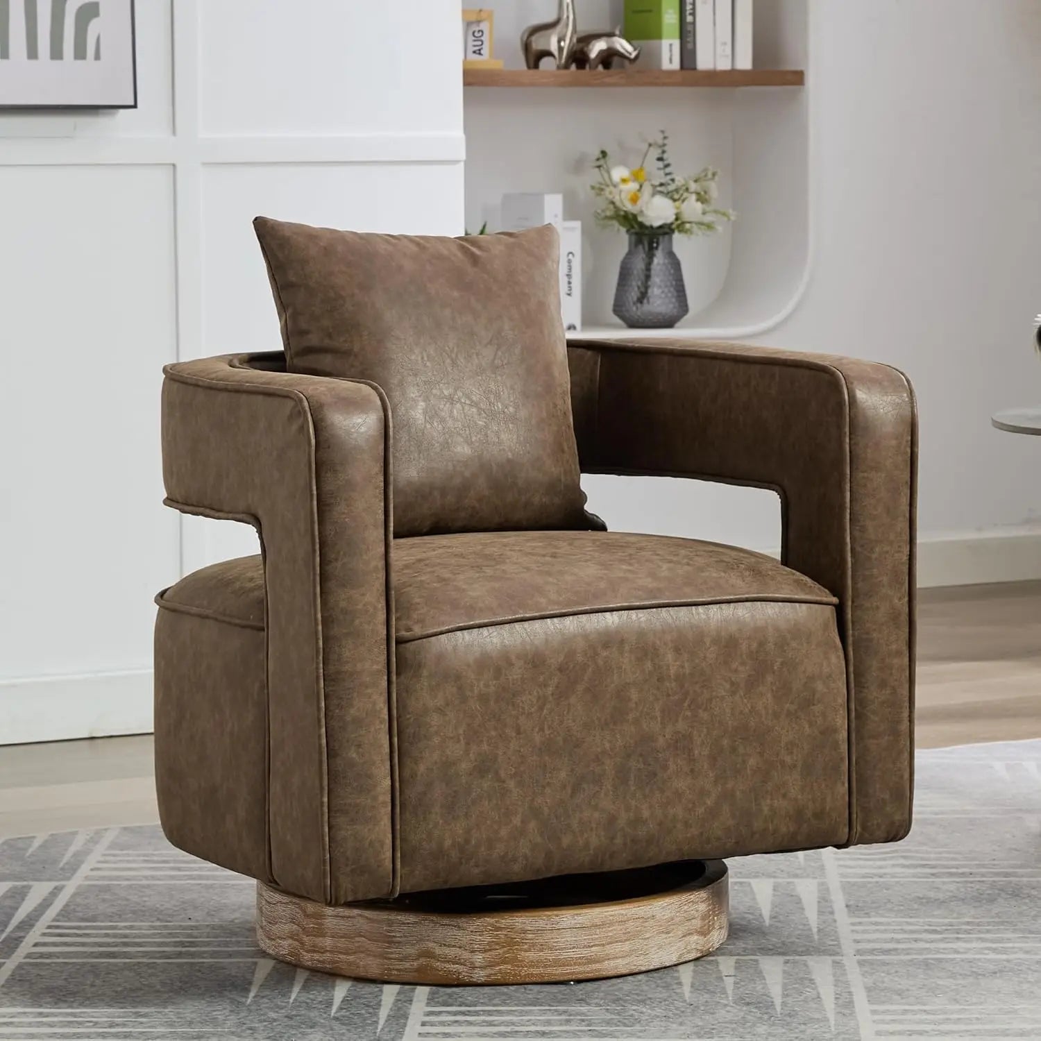 Upholstered Swivel Accent Chair Set of 2 Linen Open Back Barrel Chair with Pillow for Living Room, Beige