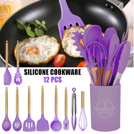 Silicone Kitchen Utensil Set 12 Piece Nonstick With Storage Bucket