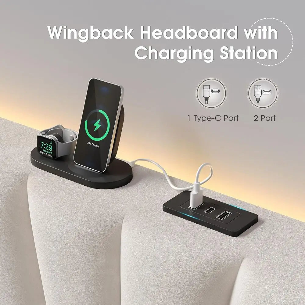 Chengwei Velvet Wingback King Bed Frame With LED Headboard