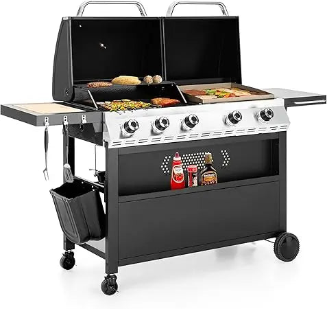 5 Burner Griddle Grill Combo, 2 in 1 Propane Gas BBQ Grill with Porcelain-Enameled Cast Iron Grates & Pan, Outdoor Flat Top Grid