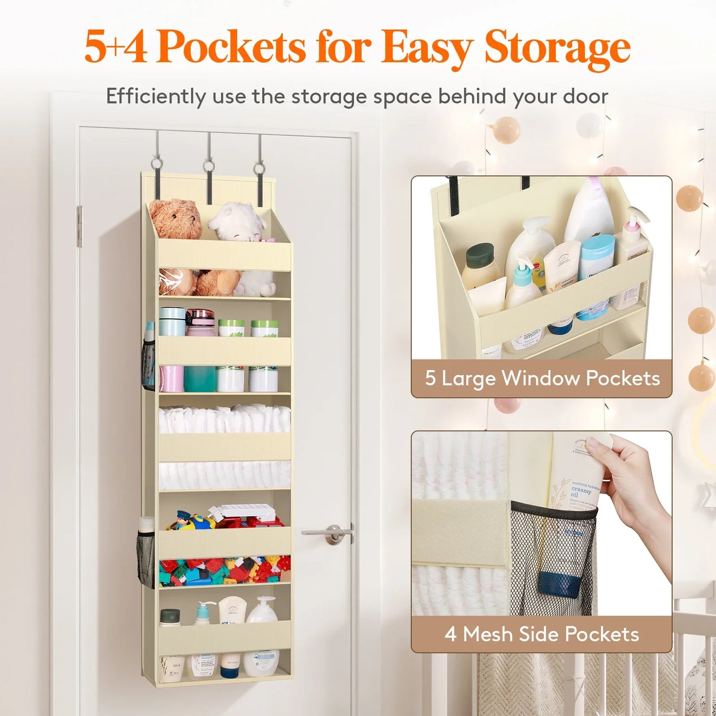 Over the Door Organizer, 5 Shelf Clear Window Hanging Storage with 4 Mesh Side Pockets, Anti Tilt 40 lbs Load Behind Door