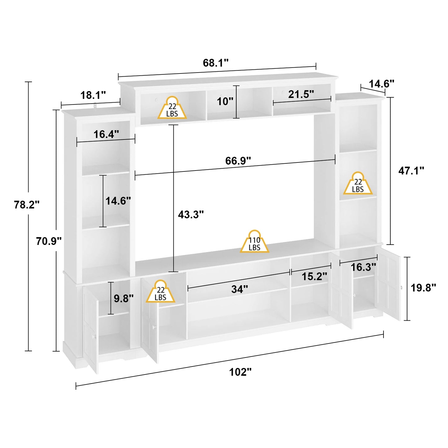 FUFU&GAGA Modern TV Stand for up to 66" TVs, 4-Piece Wall Unit with Bookshelves, Glass Doors & Open Shelves, for Living Room