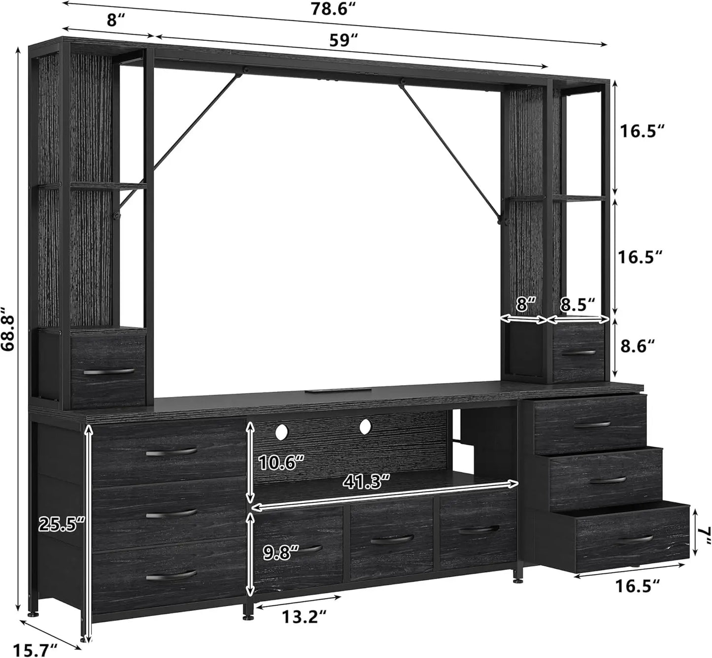 65" TV Stands for Living Room, Large Wall Unit Entertainment Center with 11 Fabric Drawer,Dresser TV Stand with 2 LED Lights