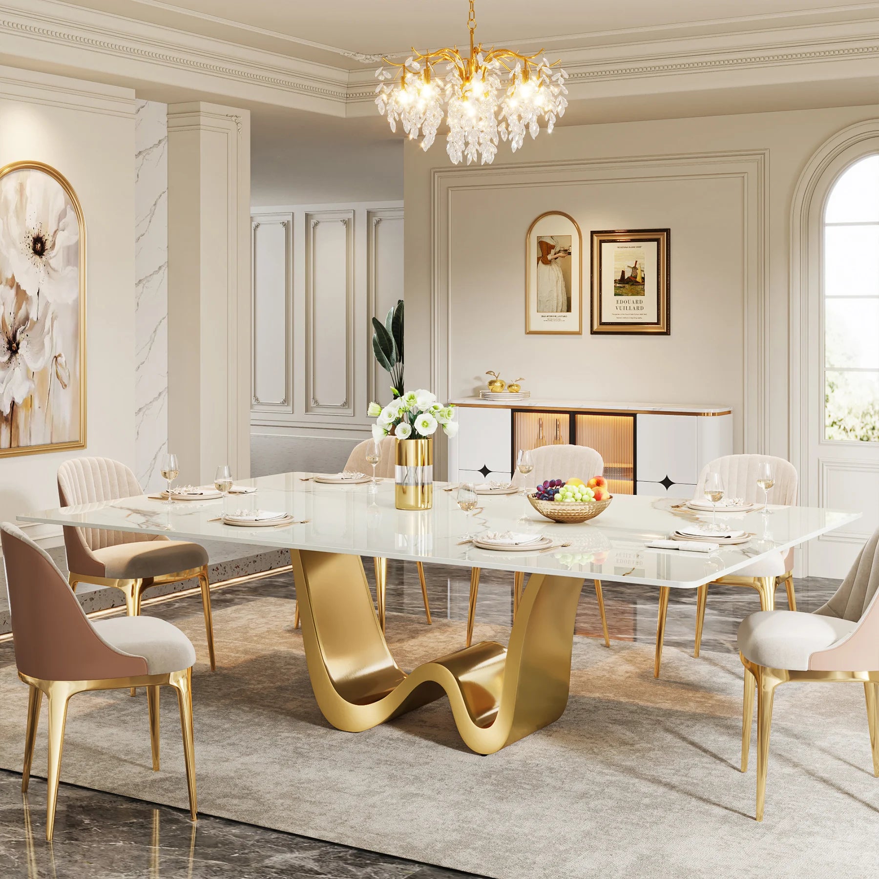 Tribesigns 78.74" Sintered Stone Dining Table for 6-8, Modern Rectangle Dining Table, Luxury White &amp; Gold Kitchen Table