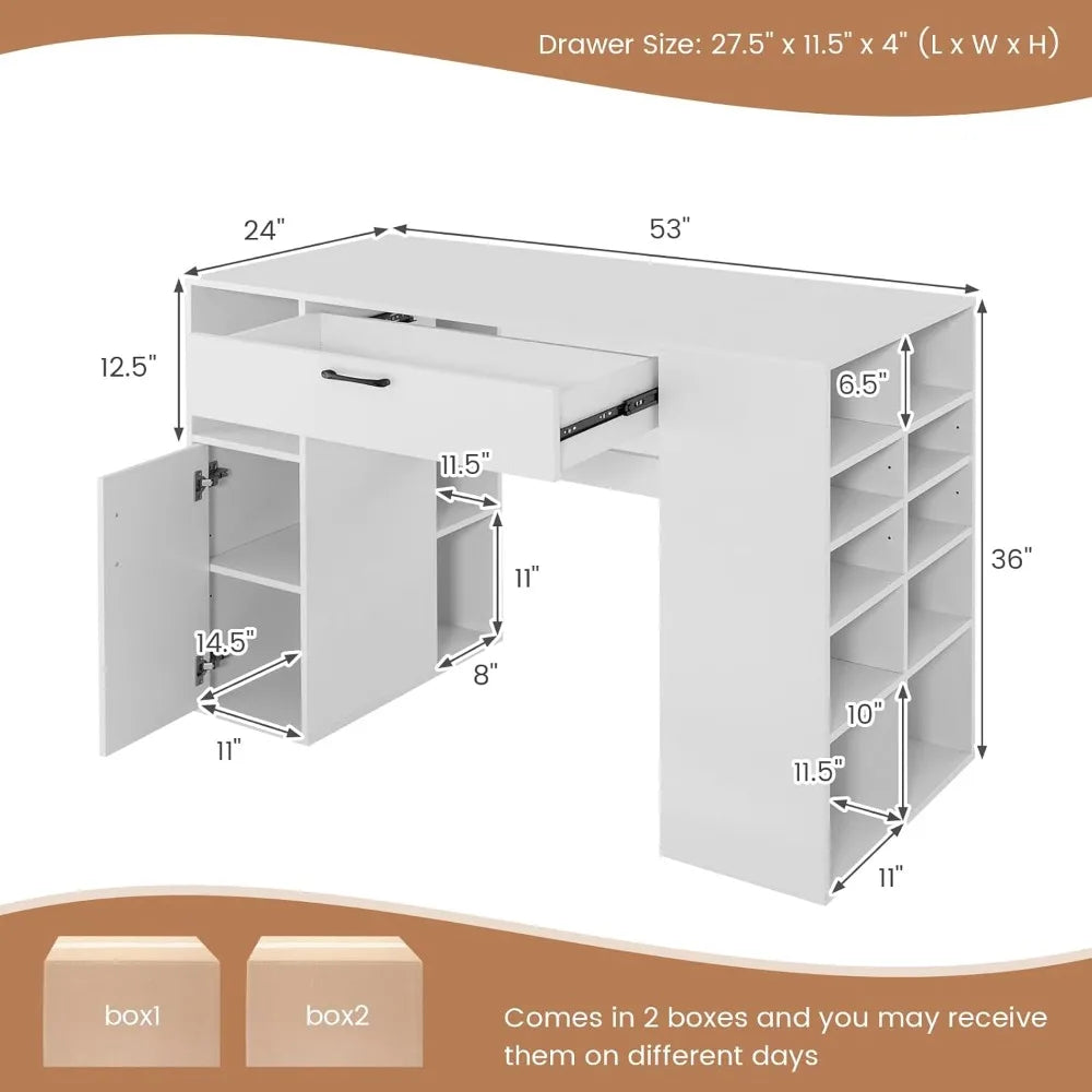 36" Adjustable Sewing Craft Table with 14 Compartments, Drawer &amp; Cabinet, White Workstation