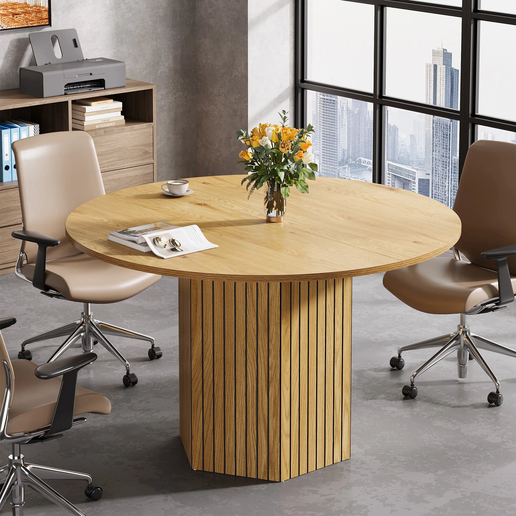 Tribesigns Round Conference Table, 47-Inch Wood Modern Meeting Table for 4-6 People for Conference Room, Meeting Room, Office, B