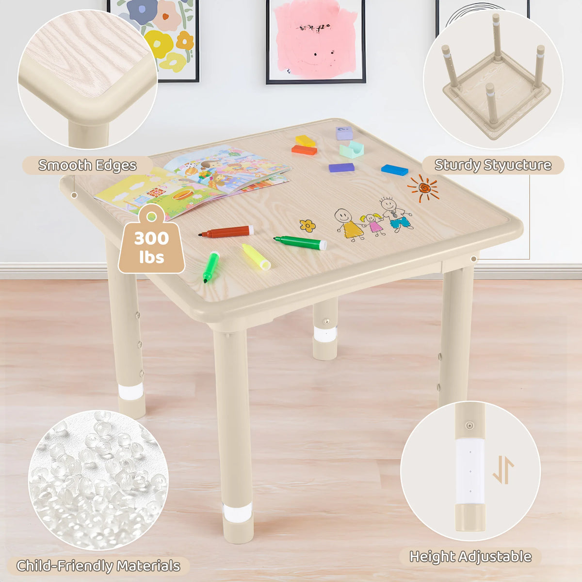 Adjustable Kids Table Set With Two Chairs For Montessori Art Learning