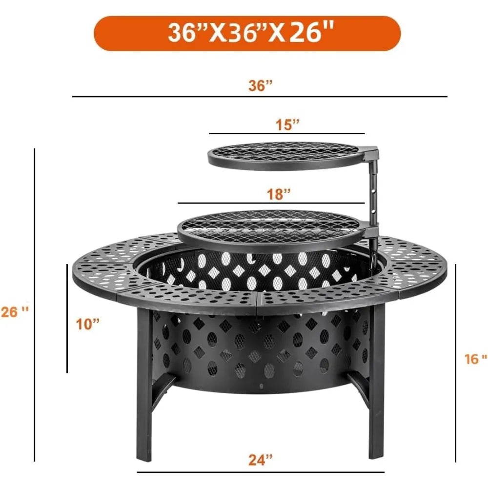 36 Inch Wood Burning Fire Pit with Grills and Tabletop, 3-in-1 Outdoor Fireplace for Patio BBQ and Parties