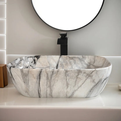ZAPPO Artistic Marble Pattern Ceramic Vessel Sink Set, Black Matte Faucet Combo, Modern Bathroom Above-Counter Basin Vanity Sink