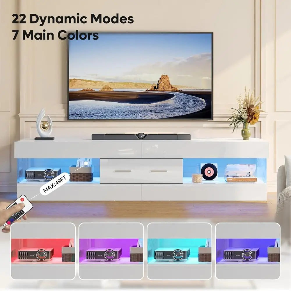 Modern High Gloss LED TV Stand With Stone Edge Storage