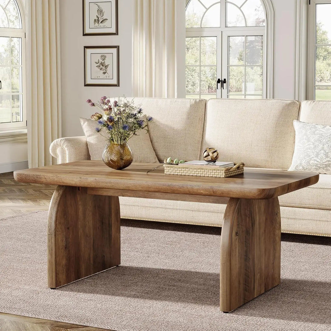 Rectangle Coffee Table,Wood Rectangular Living Room Table, Farmhouse Accent Center Low Cocktail Tea Table with Sturdy Base