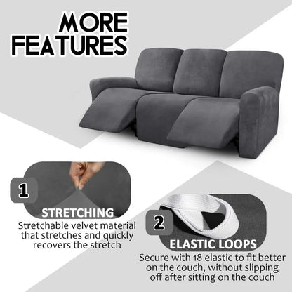 Velvet 8Pieces Recliner Sofa Covers Stretch Reclining Couch Covers for 3 Cushion Reclining Sofa Slipcovers Furniture Covers Thic