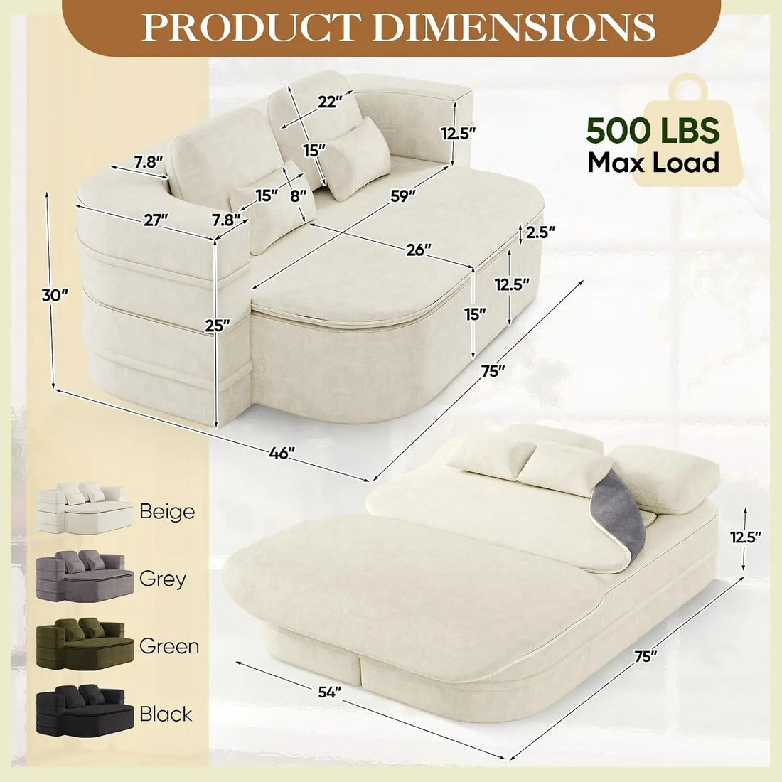 SUXI Convertible Loveseat Sofa Bed Couch with Four Pillows