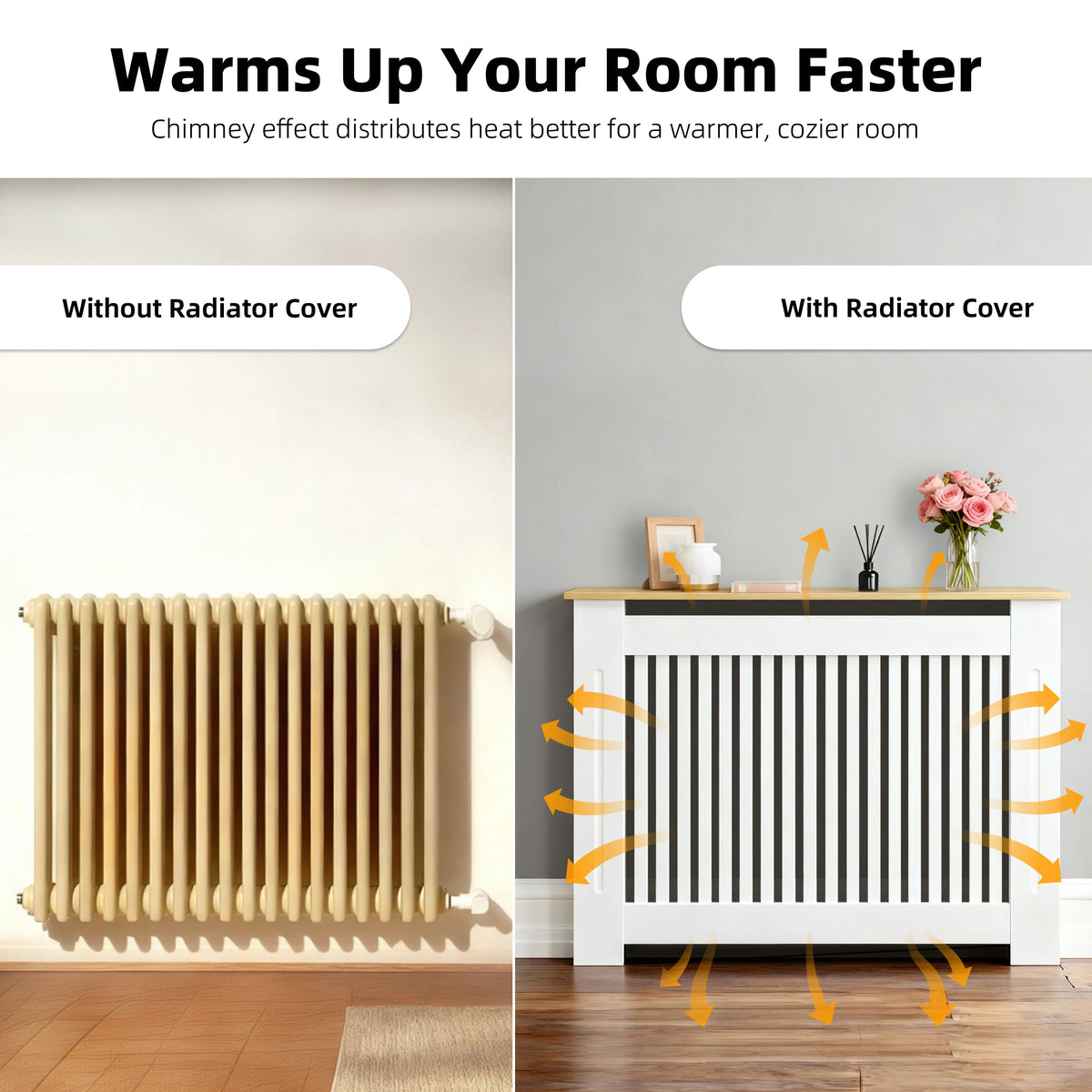 Modern Radiator Cover Decorative Heater Protector Wall Vertical Slat Grill Shelf with MDF Wood Top